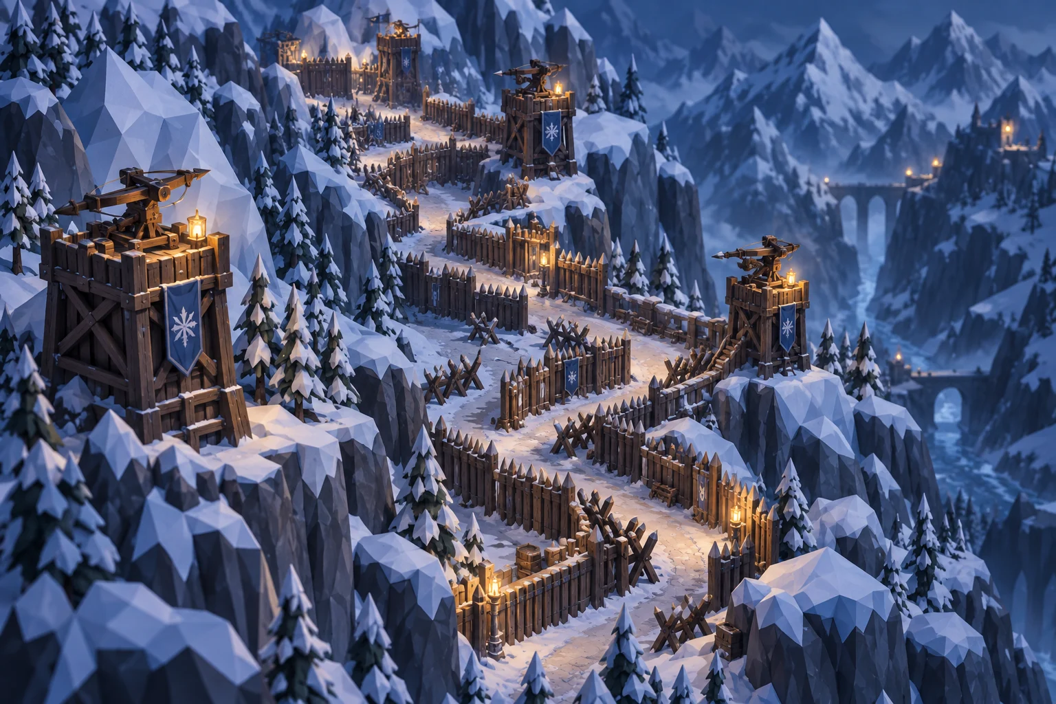 Frostwatch concept art: a snowy mountain pass with wooden barricades and defensive towers.