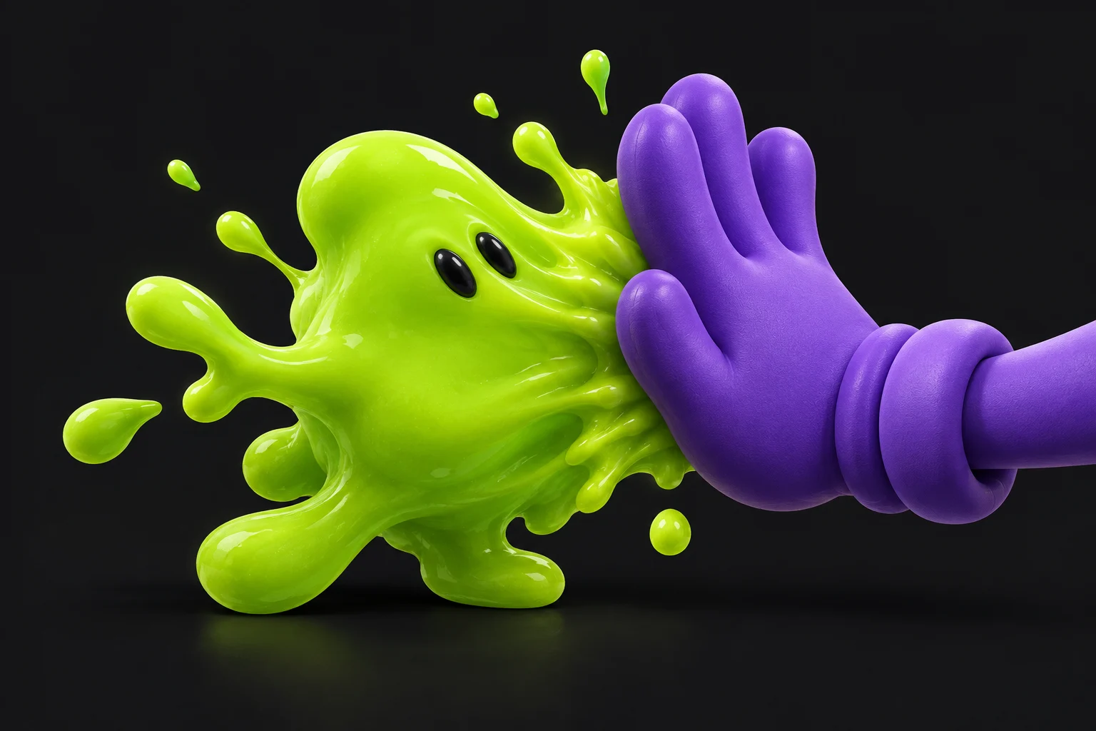 A purple cartoon glove meets a very squishy green blob.